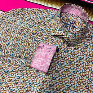BERTIGO Dress Shirt Men's S Flip Cuff Multicolor Rainbow Geometric AOP Print‎